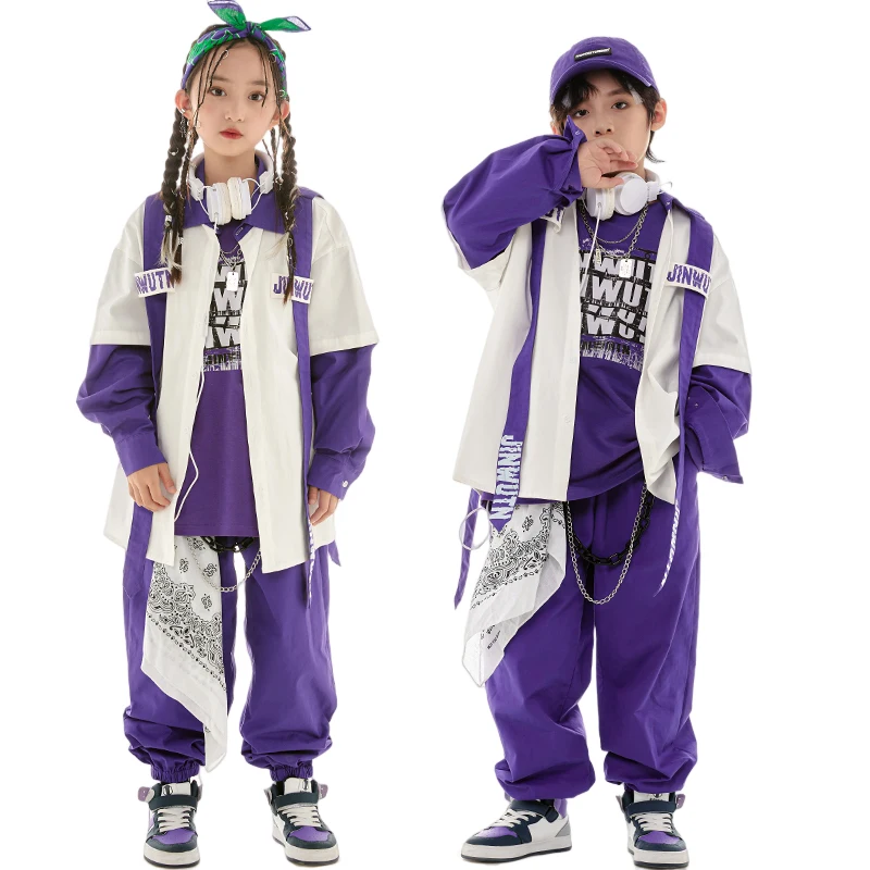 Jazz Dance Clothes Girls Hip Hop Costume Loose Coat Purple Pants Boys Breaking Street Dance Outfit Long Sleeves Suit L11600