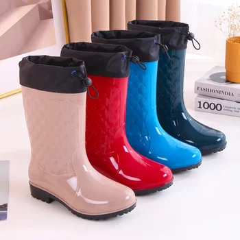 Drawstring Top Water Shoes 여성 미끄럼 방지 튜브 여성용 레인 부츠 최신 장화 여성용 성인 워터 부츠 내마모성 중간 부츠