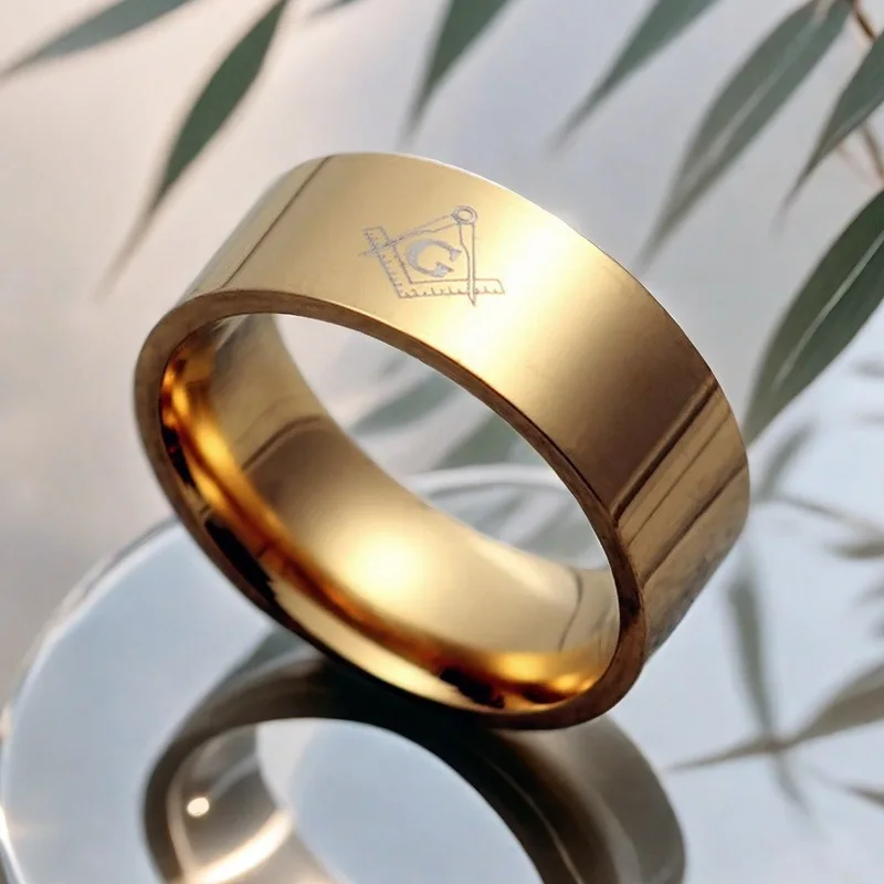 Men's Freemasonry Matte Gold Stainless Steel Ring with Beveled Edge - Polished Hip Hop Punk Design Gift