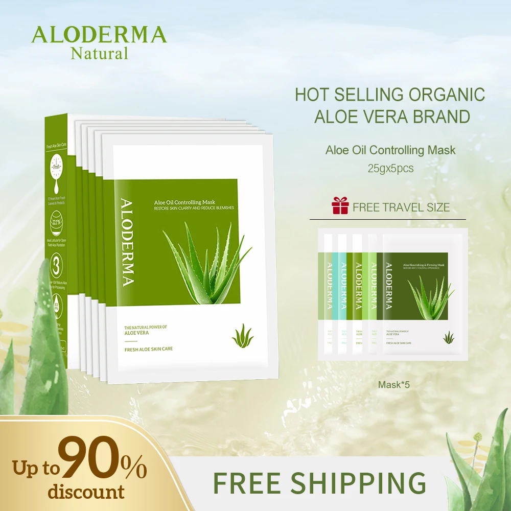 

Aloderma Hydrating Facial Sheet Masks With 88% Organic Aloe Vera 5pcs Firming Face Mask For Brightening,Soothing Oil Controlling