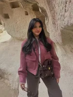 Veste en velours côtelé pour femme avec col en cuir patchwork, fermeture éclair, style décontracté urbain, color block, pour dames 1
