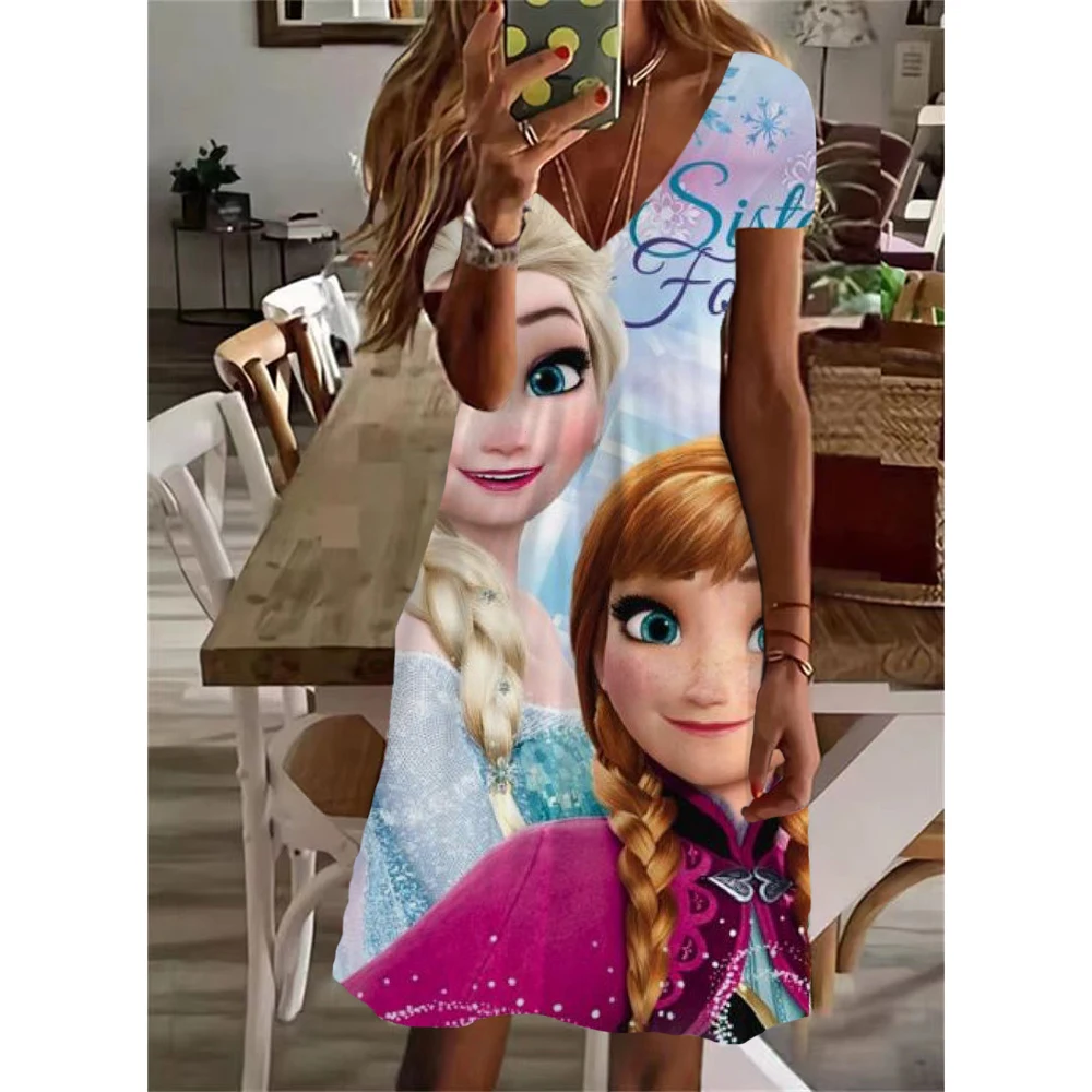 thumbnail image 1 of Vestido de mujer Elsa de la princesa Frozen de Disney, vestido estampado con cuello en V y manga corta, estilo casual de calle sencillo, ropa de mujer, 1 of 5