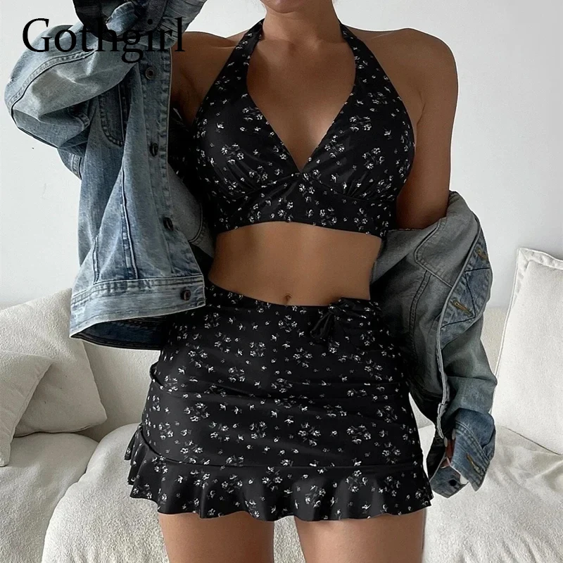 

Gothgirl Sexy Bikini Women 3 Pieces Set Swimsuit Halter Bandage Backless Bikini Top Matching Ruffle Skirt Swimwear Bathing Suits