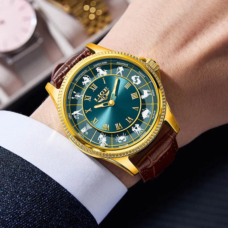 LIGE New Creative 12 Zodiac Watch Men Fashion Leather Waterproof Luminous Watch for Men Business Sport Men's Quartz Wristwatches