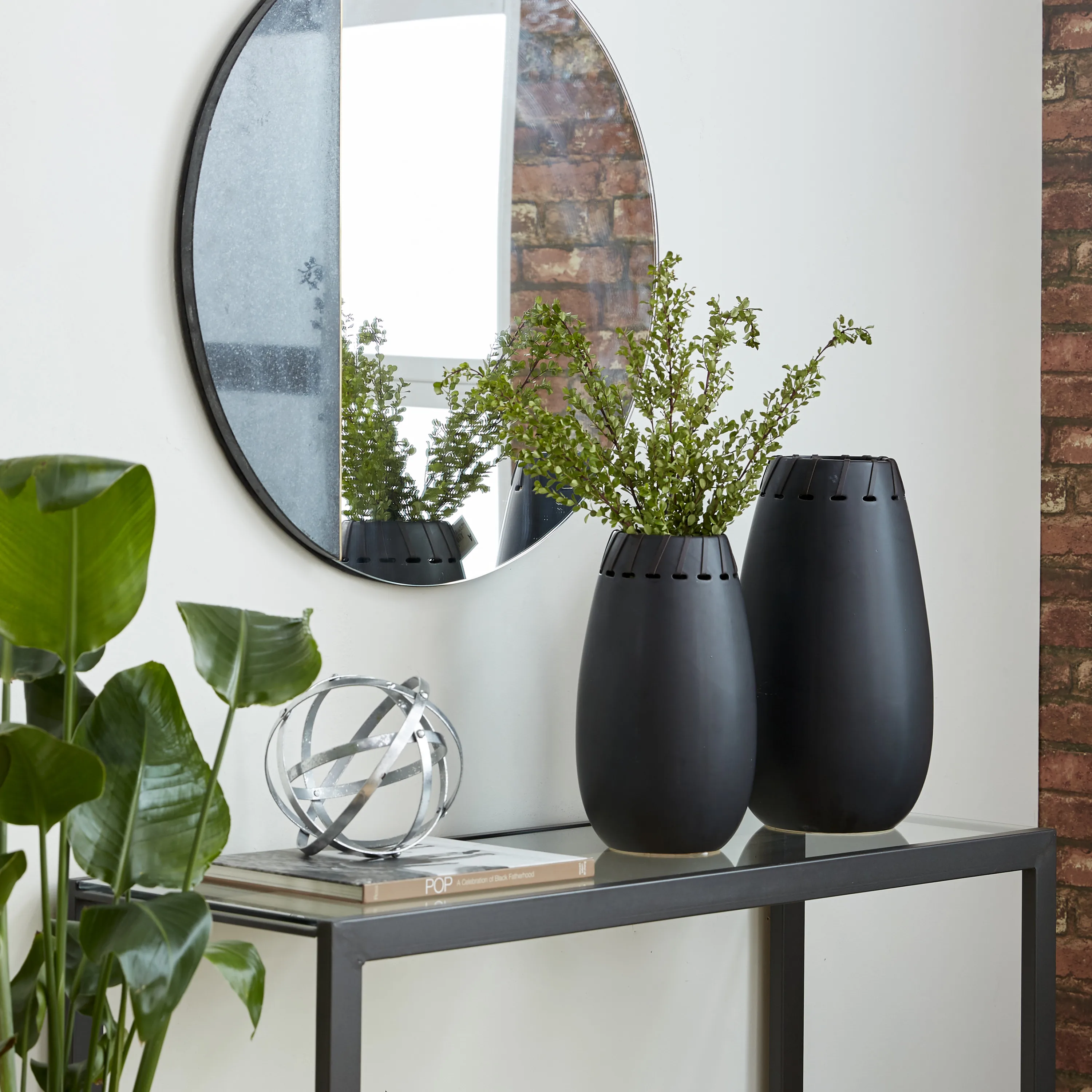 

16", 13"H Black Ceramic Vase with Cut Out Patterns, Set of 2