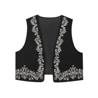 Women's Autumn New Black Fashionable Cotton Vest V-Neck Cardigan Embroidered Design Commuting Casual Versatile Vest Top