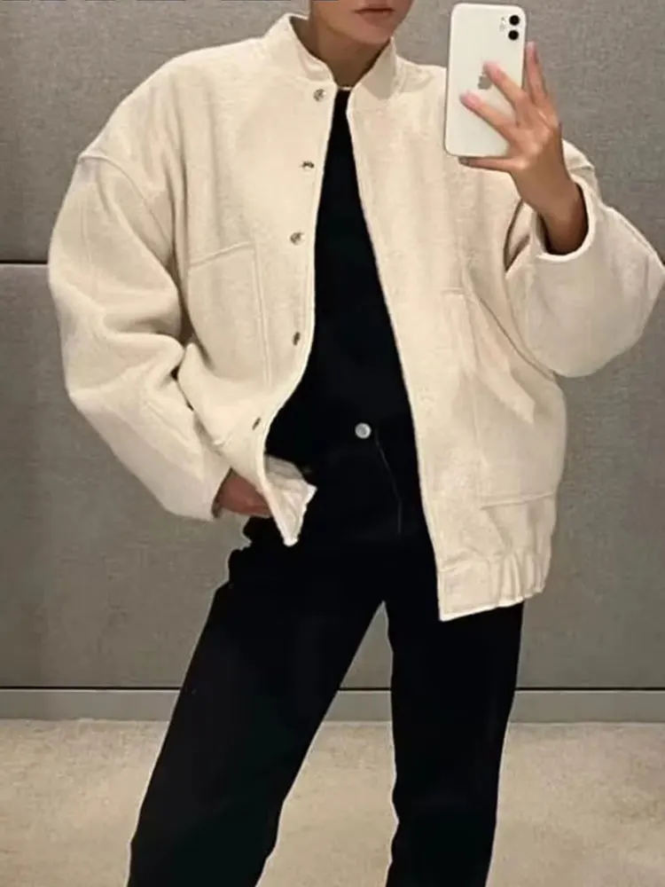 HH Women Elegant Solid Coat Button Long Sleeve Pocket Bomber Jacket Autumn Winter Female Casual Loose Streetwear Coats