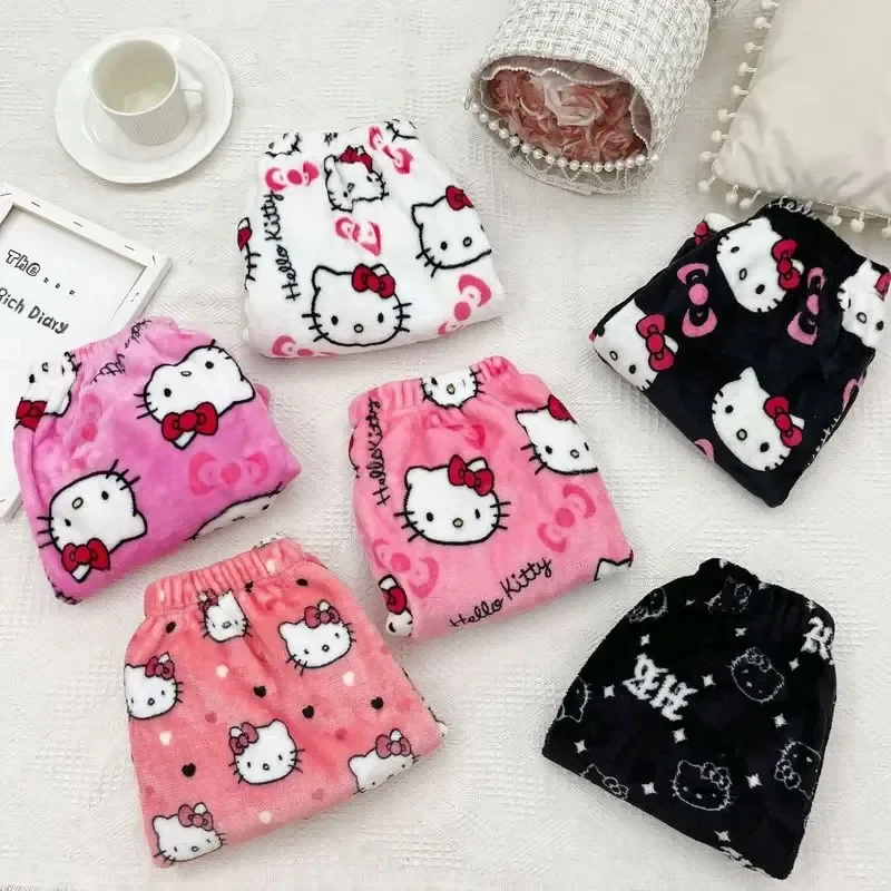 Hello Kitty Y2k Kawaii Anime Flannel Pajamas Women'S Warm Woolen Cartoon Casual Home Pants Autumnfashion Trousers Cartoo