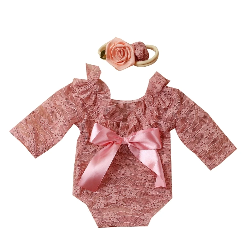 

67JC Baby Photo Clothing Princess Lace Jumpsuit Flower Headband Long Sleeved Romper Newborns Shower Party Decors Posing Props