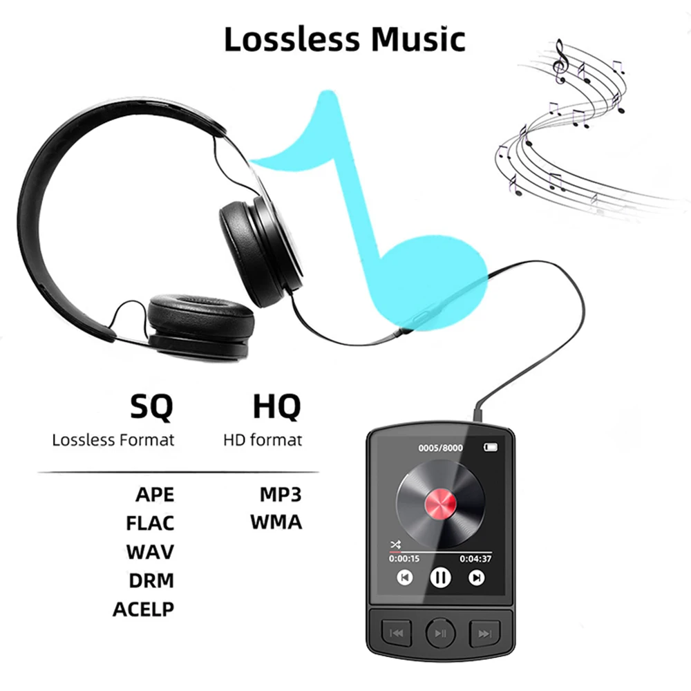1.77 Inch Color Screen Bluetooth 5.2 MP3 Player with Speaker Mic, Lossless HiFi Music Player Support 128GB TF Card, Recording
