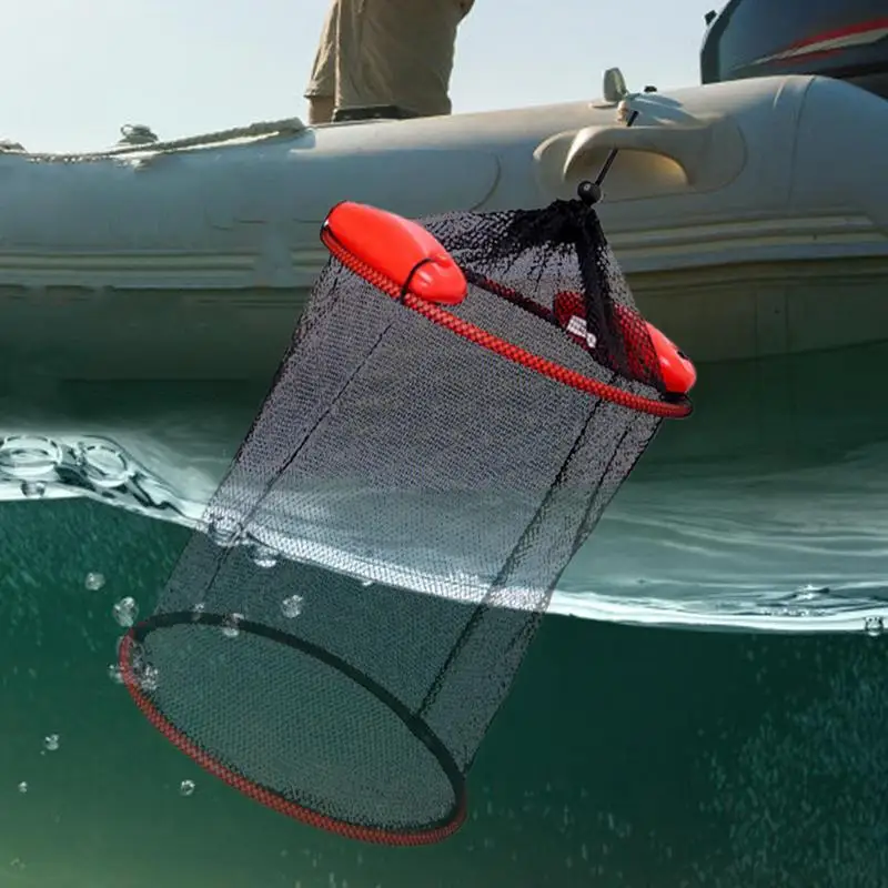 Fish Basket Foldable Drawstring Floating Fishing Net Portable Folding Fishing Bait Storage Cage Mesh Basket Live Caught Fish
