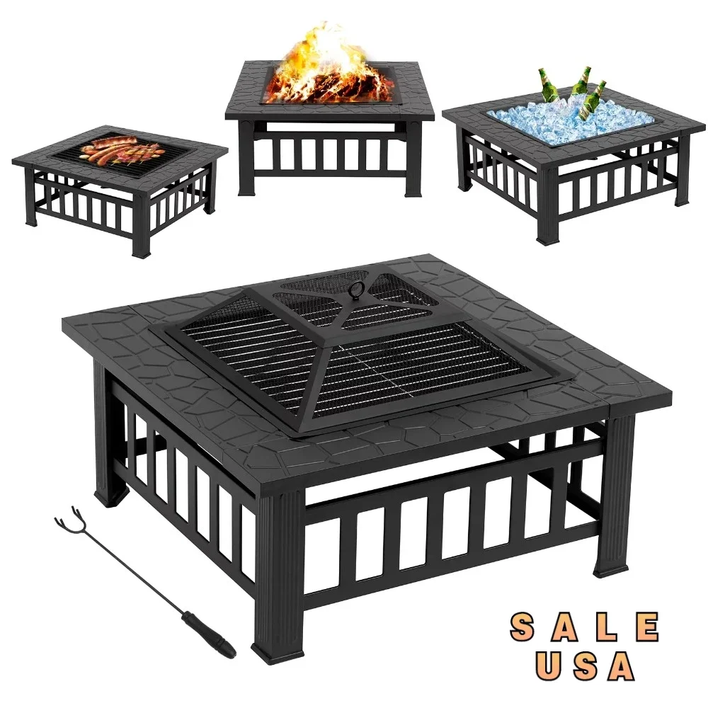 

Outdoor Heating 32" Outdoor Fire Pit Metal Square Firepit Patio Garden Stove with Cover, Black Home & Garden