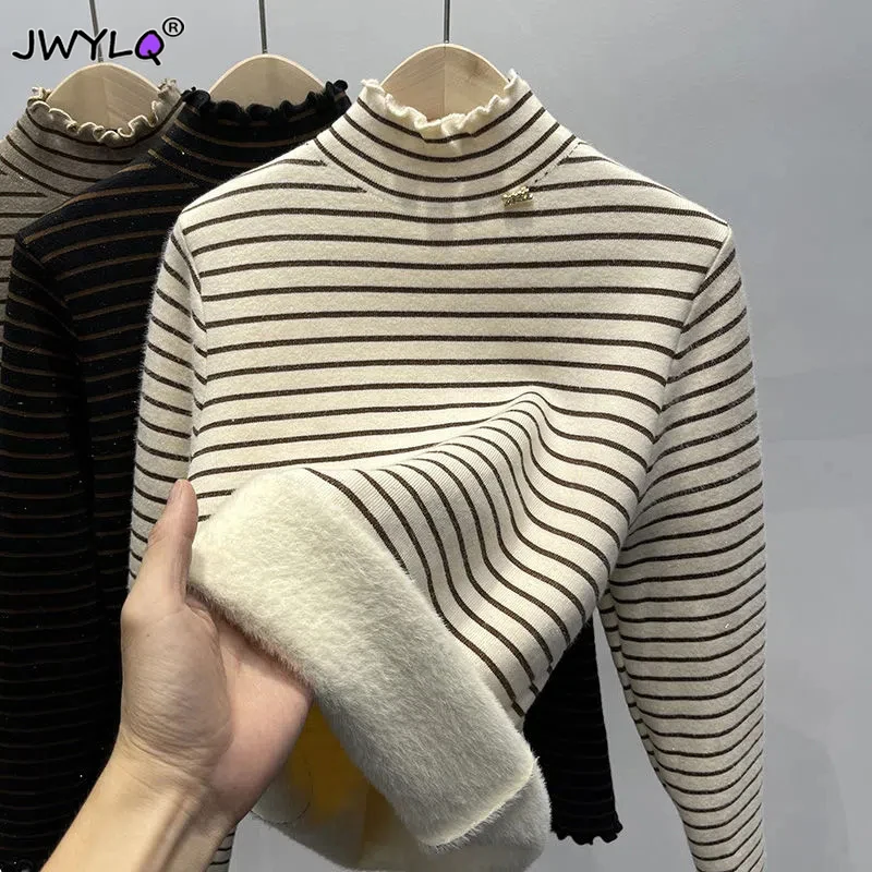 

Winter Thicken Striped Plus Velvet Turtleneck Sweater Women's Slim Warm Soft Knit Pullover Fleece Lined Bottoming Jumper Tops