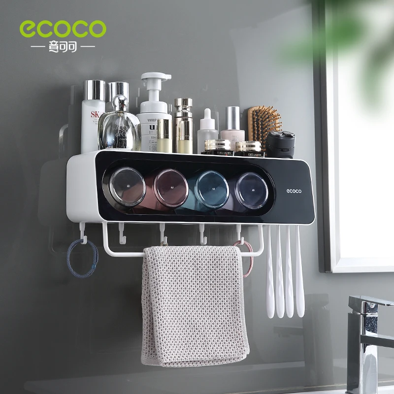 

ECOCO Wall Mount Automatic Toothpaste Dispenser Bathroom Accessories Set Non-drilling WC Washroom Toothbrush Holder Towel Rack