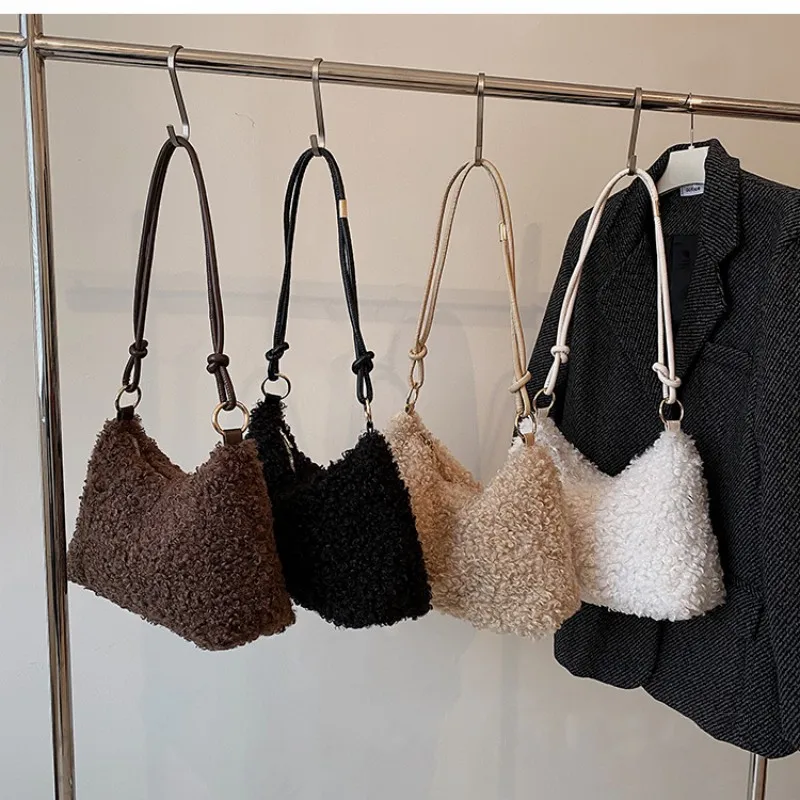 CORIOS Borsa a Mano in Lana di Agnello da Donna Borsa a Spalla in Morbido Peluche Grande Capacità Borsa per la Spesa Retro Borsa Tote Leggero Borsa a Tracolla Bianco