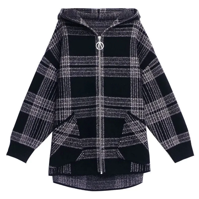 Women's Hooded Coat 2023 Autumn/Winter New Loose Fit Mom Thickened Zipper Knitted Cardigan Fashionable Versatile Splice Commuter