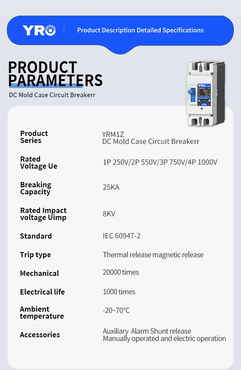 250A DC MCCB Solar Molded Case Circuit Breaker 2P 550V 160A 200A Overload Protec
