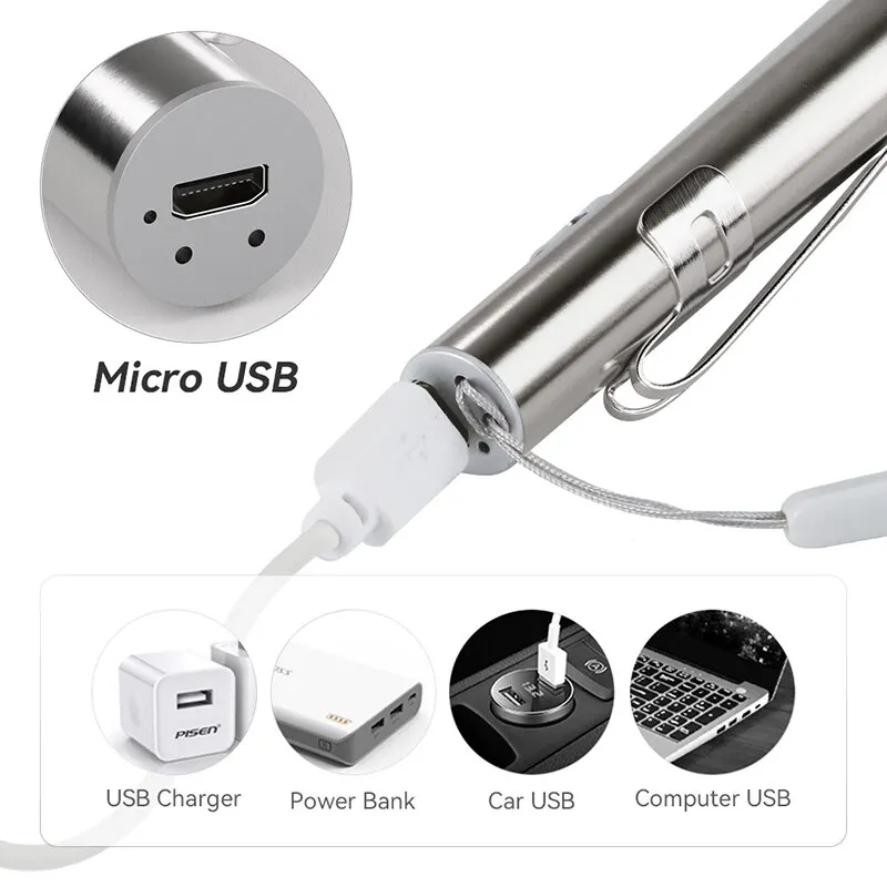 Led flashlight Mini Portable Medical Handy LED Pen Light USB Rechargeable Dentist Nurse Torch with Stainless Steel Clip