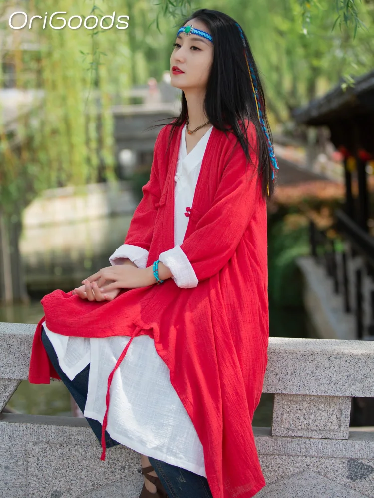 

OriGoods Women Long Kimono Shirt Chinese Style Cotton Loose Elegant Shirts Zen Japan Mori girl Women 2023 Summer New Tops B051