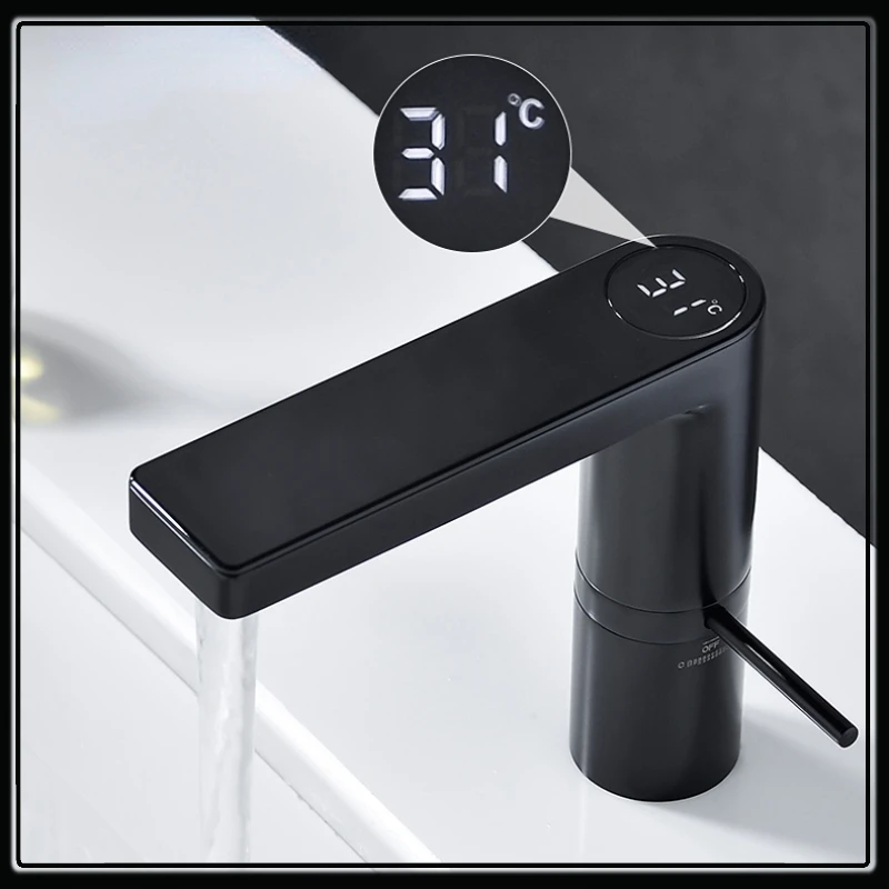 

Черный светодиодный смеситель для ванной комнаты с цифровым дисплеем, смеситель для раковины, кухонная раковина, кран с датчиком температуры из латуни