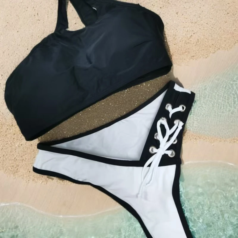 Sexy Swimsuit One-shoulder Black Bra High-waisted Briefs Two-piece Split Bikini