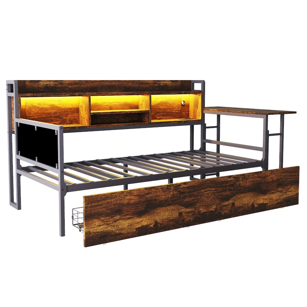 Schlafsofa aus Eisen, 90 x 200 cm, mit LED-Beleuchtung, Stauraum, mit Schubladen und Multifunktionssteckdose, ausklappbarer Schreibtisch, weiche Rückenlehne – Detail 34