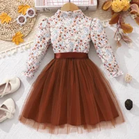 Robe en maille à imprimé floral à revers à manches longues pour fille avec ceinture tissée 2