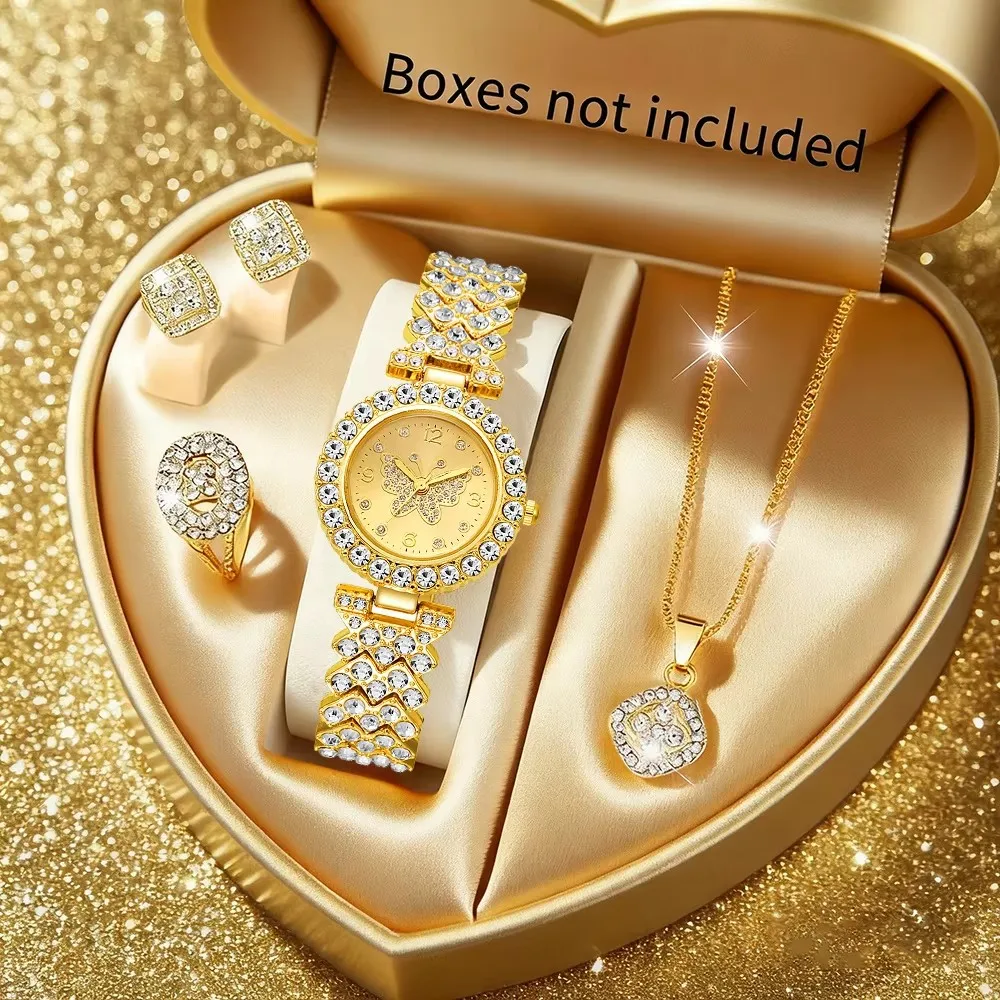 5PCS Luxury Rhinestone Butterfly Dial Women's Quartz Watch Elegant Ladies Bracelet Wristwatch Jewelry Set（Without Box）