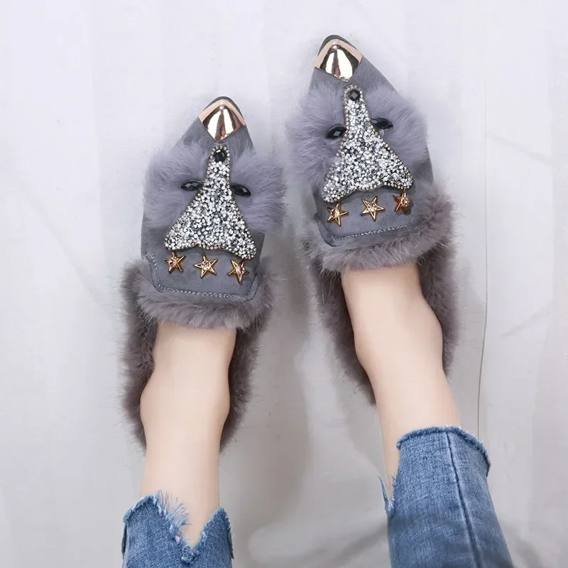 Crystal Fox Pattern Winter Flat Loafers Women Metal Pointed Toe Glitter Fur Moccasins Brand Design Ballet Flats Ladies Shoes women shoes