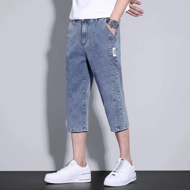 

Jeans Men's Cropped Pants Solid Color Zipper Button Spring And Summer Jeans Hip-hop Fashion Blue Black Gray