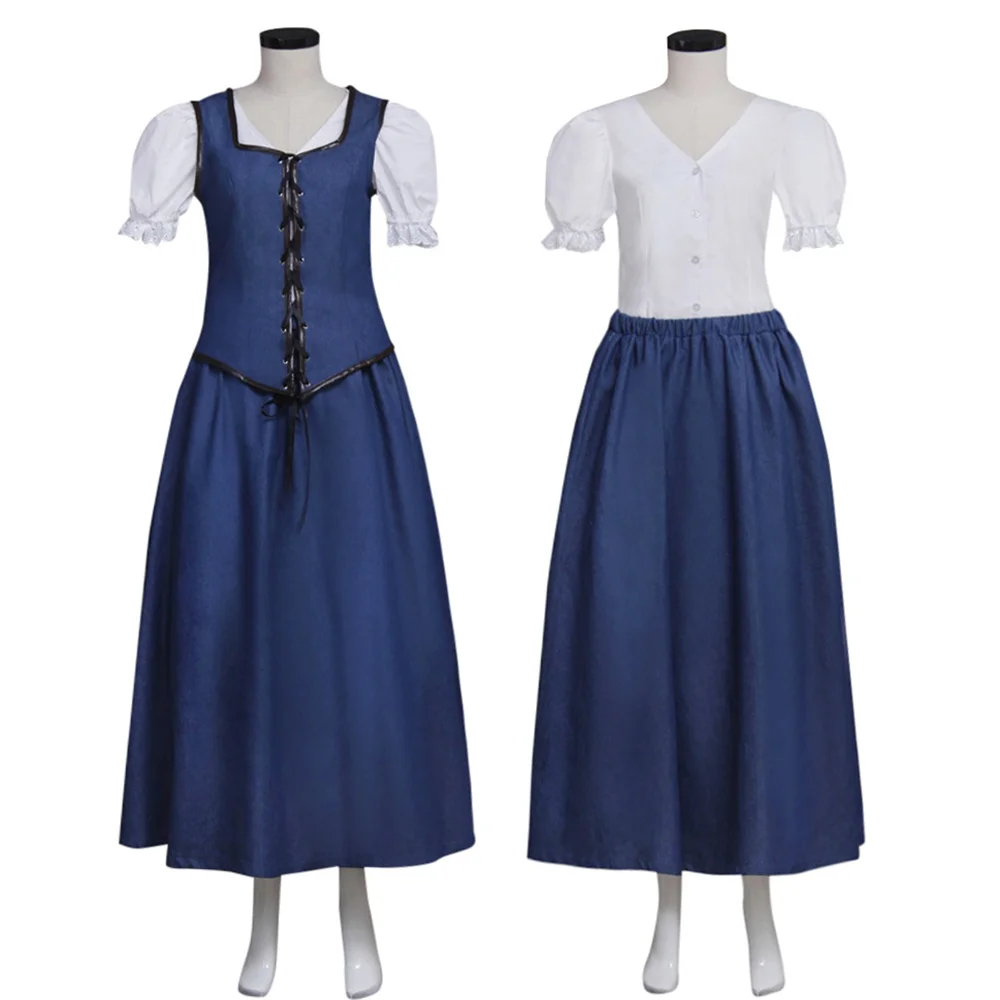 

Anime Role Belle Cosplay Costume Women Retro Medieval Blue Uniform Dress Suits Halloween Carnival Party Ball Gown
