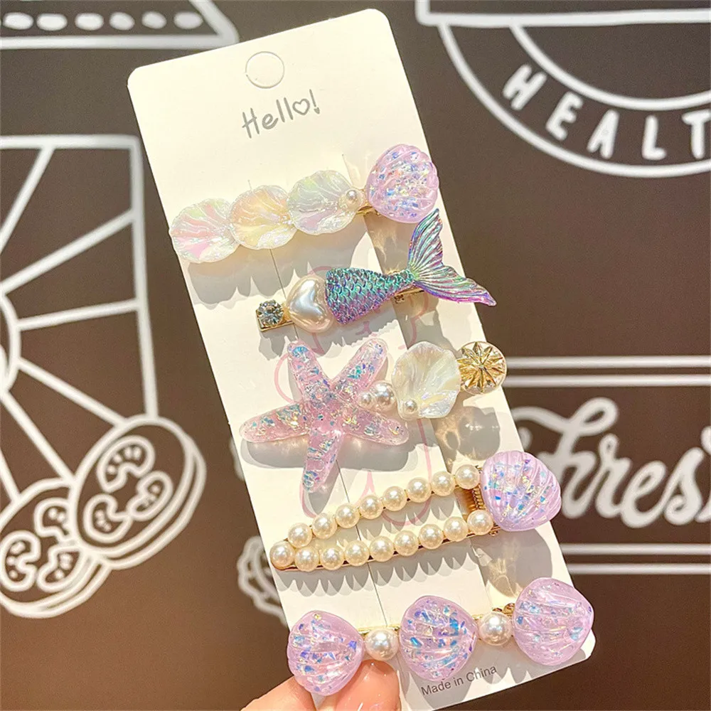 5 Pcs Cute Hair Clip Set Bangs Hairpin Mermaid Shell Starfish Pearl Sea princess Baby Girl Barrettes Hair Accessories 5