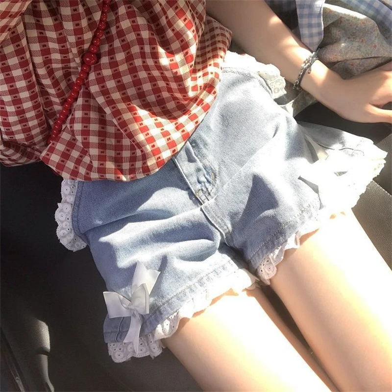 Summer Women's Cute Bow Tie Lace Denim Shorts Sweet Girl Street High Waist Trousers Female Fashion Wide Leg Straight Mini Pants