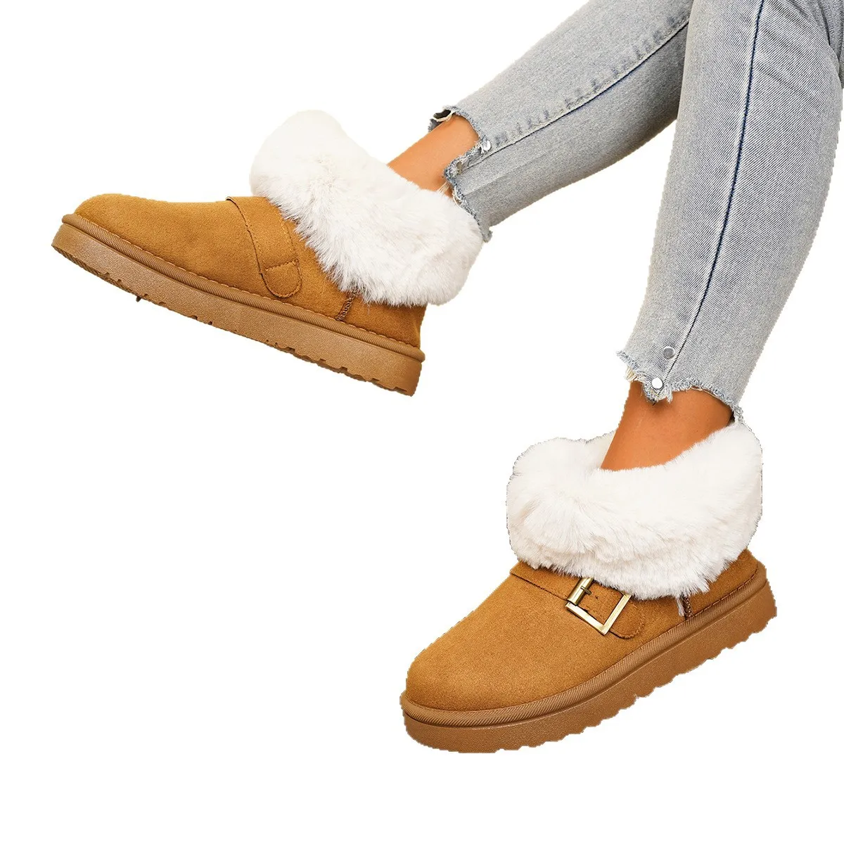 Metal Belt Buckle Fashion Snow Boots Women 2025 Winter Luxury Faux Fur Ankle Boots Warm Short Plush Non Slip Brand Shoes Woman