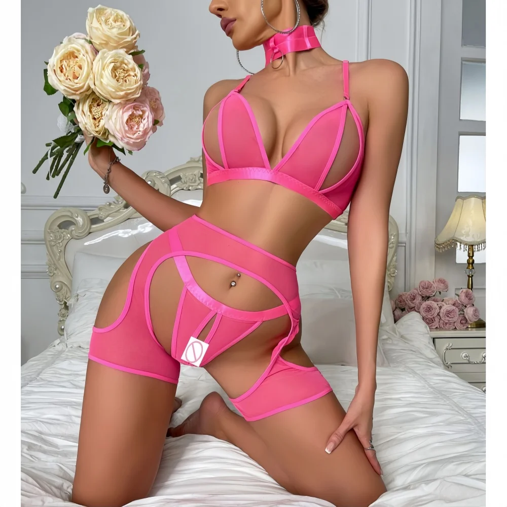 Women Lingerie 4Pcs Sets Mesh Hollow-Out Open Crotch Low-Cut Backless Intimate Set