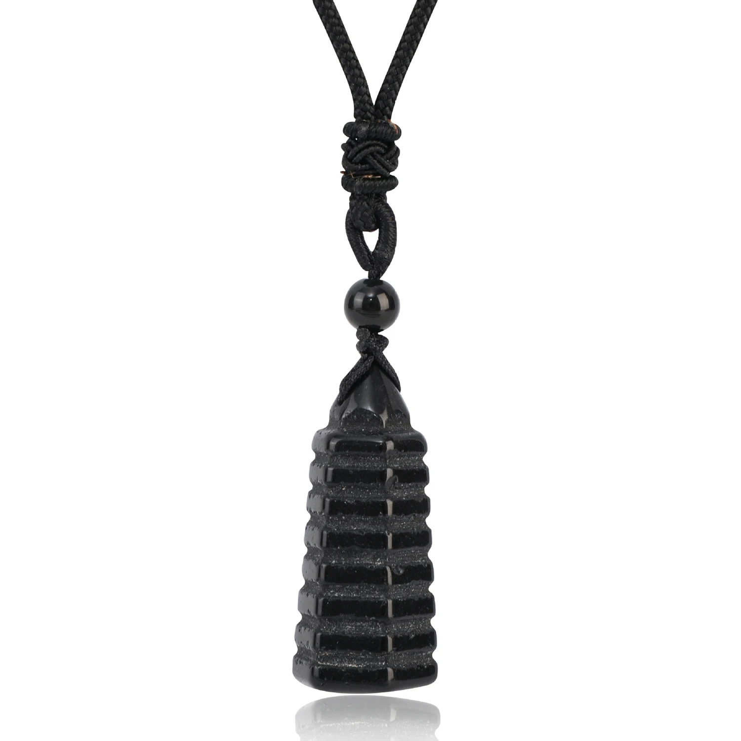 

Natural Black Obsidian Pagoda Pendants Necklace Healing Chakra Fengshui Wenchang Tower Figure Jewelry for Boy Girls