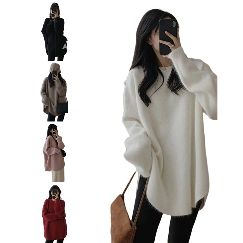 

Women Long Sleeve Oversized Sweater Solid Color Knitted Side Split Pullover Top N7YF