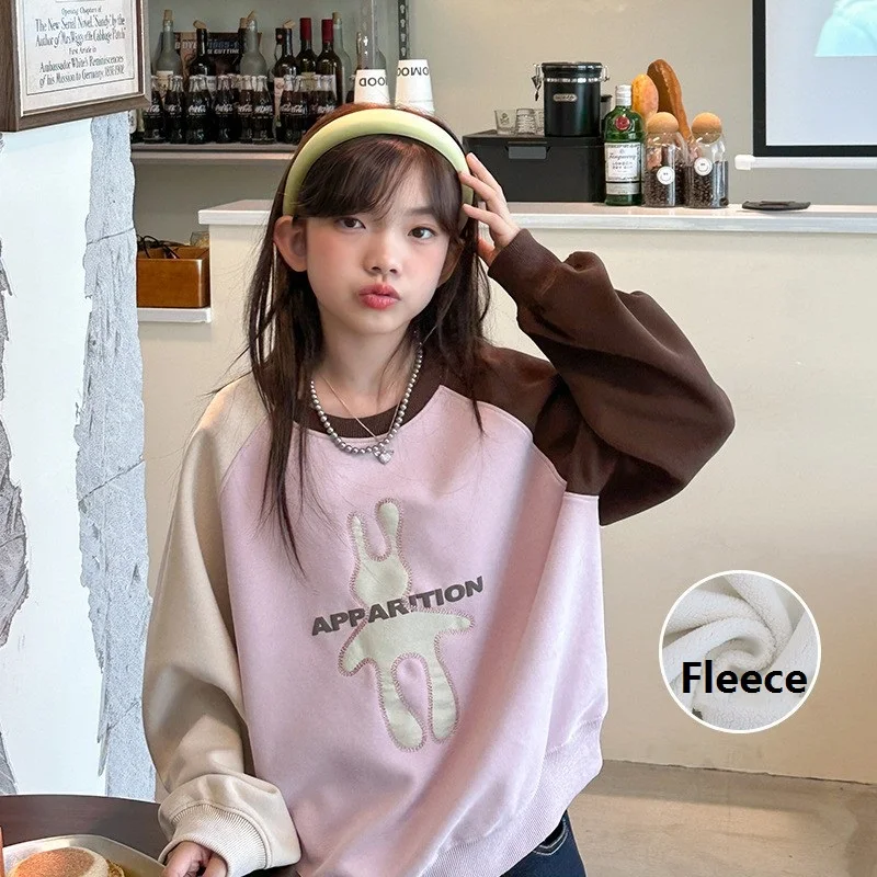 Winter Girls Loose Contrast Cartoon Warm Fleece Foderato Felpa Jacket School Kid Track Pullover Top Child Work Jumper 5-16Yrs
