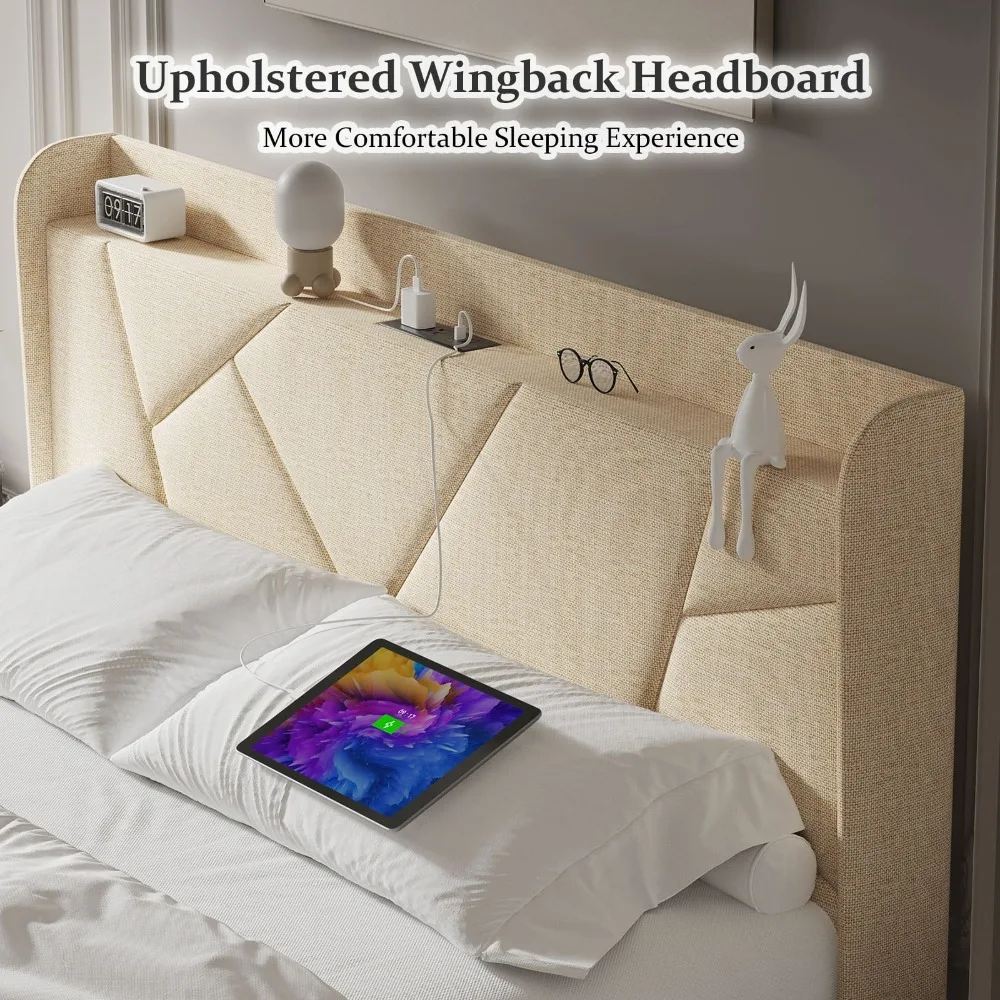Queen Bed Frame with Charging Station, Upholstered Platform Bed with Wingback Storage Headboard, Beige EASY TO ASSEMBLE 3