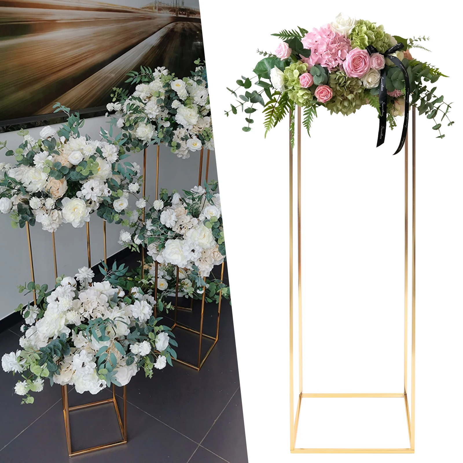 31*31*100cm Gold Flower Floor Stand Metal Column Flower Stand Flower Arrangement For Wedding Party Dinner Centerpiece 2