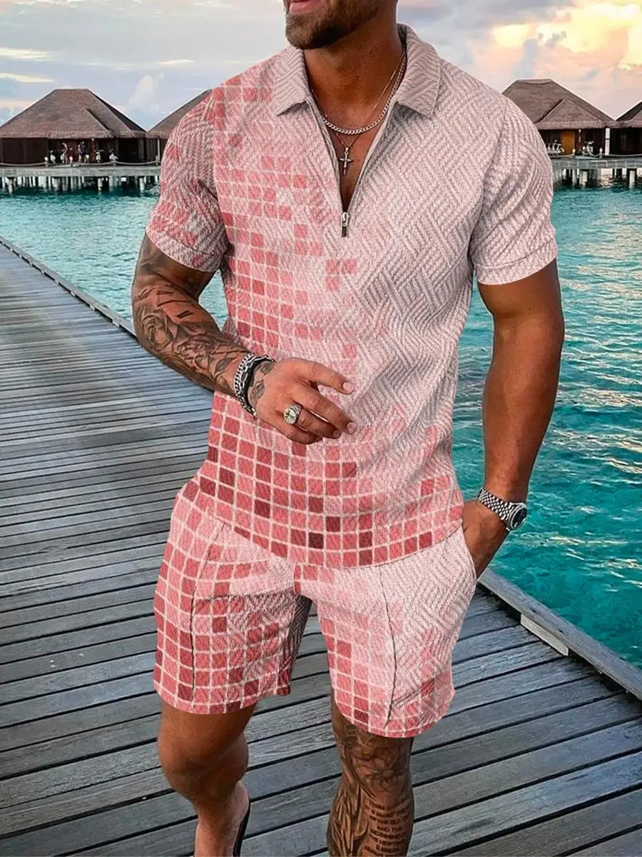 Men Zipper Collar Polo Shirt And Shorts 2pcs Sets Street T-shirt Piece Casual Sportswear Ropa Hombre 3D Vintage Man Clothing 4