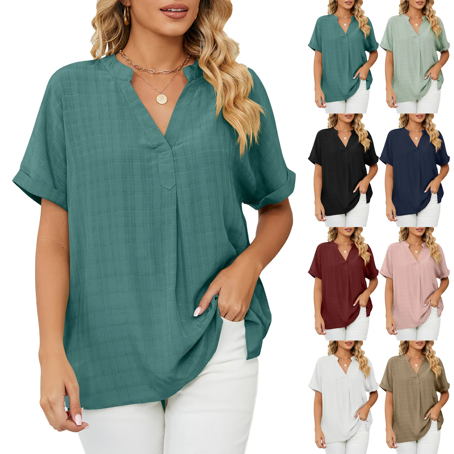 Women Summer Casual Pure Color V Neck 100 Cotton Blouse