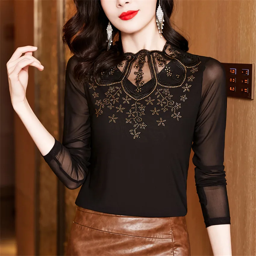 Autumn Winter High Neck Undershirt Tops Black Mesh Shirt Women Sexy