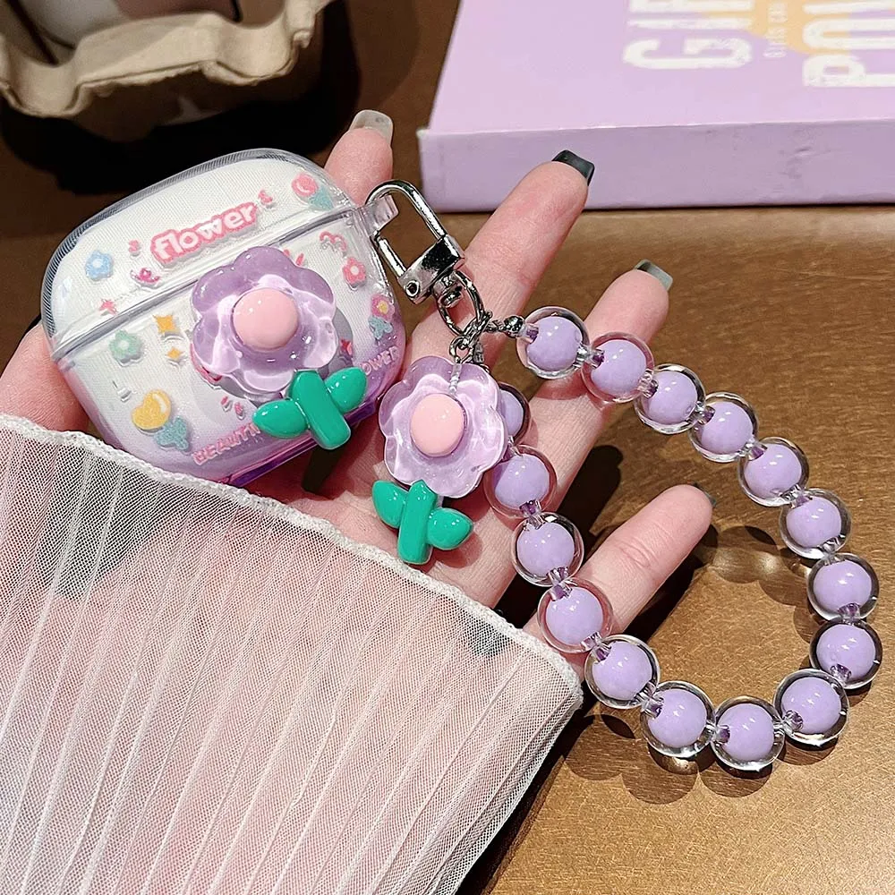 Korean Floral Soft TPU Clear Protective Earphone Case with Beaded Bracelet Pendant