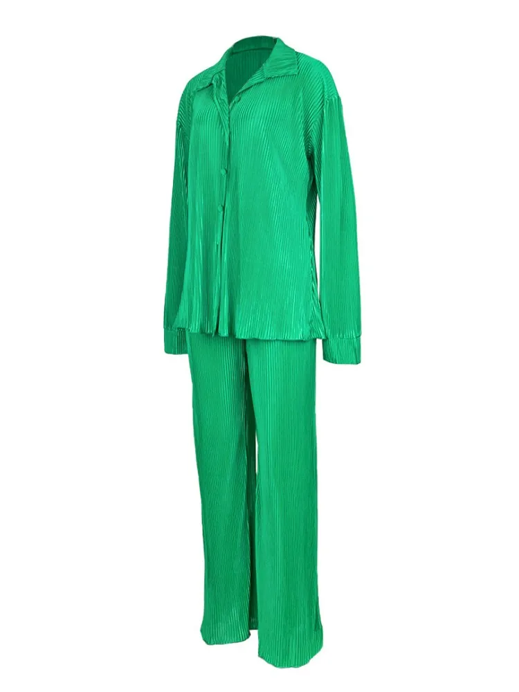 QFAF Fashion Pleated Women's Set Long Sleeve Oversized Shirt and Wide Leg Pants 2023 Elegant Tracksuit Two 2 Piece Set Outfits 4