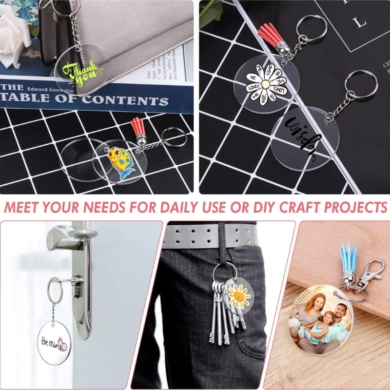 200 Pieces Clear Acrylic Keychain Disc Round Plastic Keychain Charm Blank K3KF