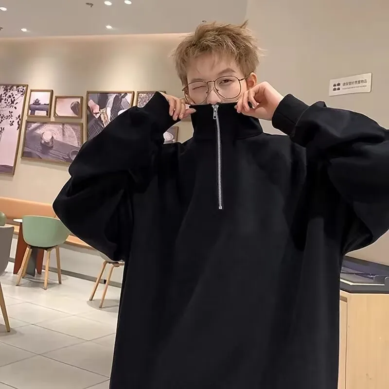 Loose Fit Men's Hoodie Spring Autumn American Retro Simple  Color Casual Jaet Student Top f Zipper Long Sve Swea...