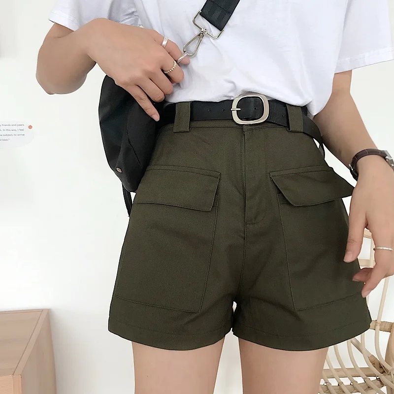 Spring New Korean Style Simple Flanging High Waist Slimming Denim Shorts Female Student All-Matching Straight Wide Leg Hot Pants compression shorts