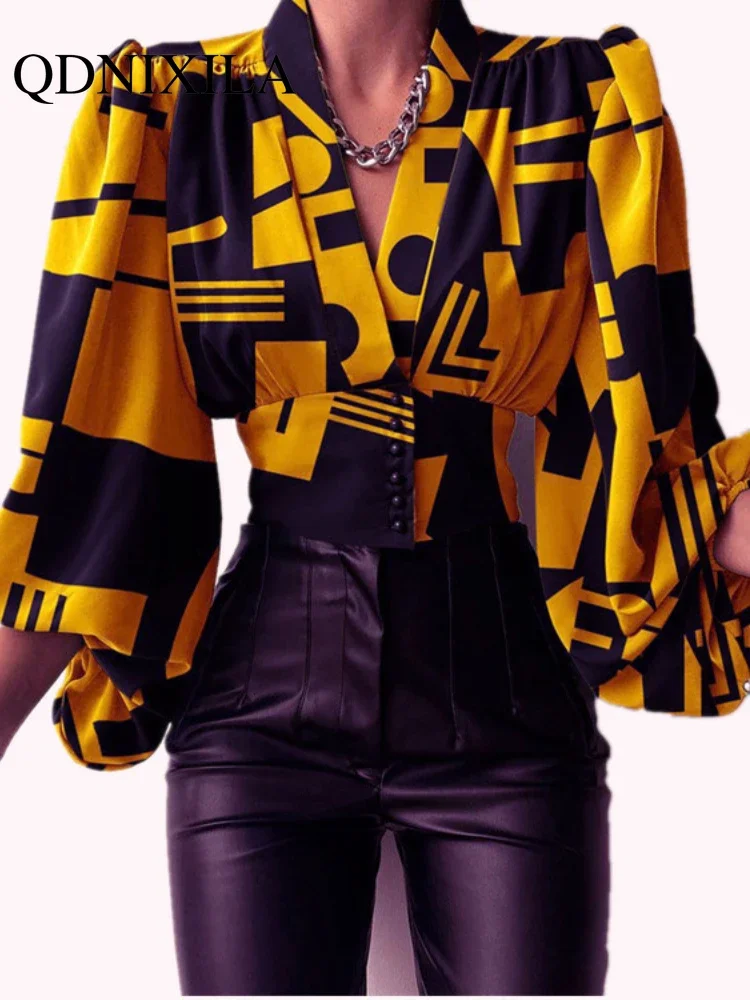 Spring and Summer Women\'s Shirt Temperament Commuter Cardigan Waist V-Neck Long Sleeve Lantern Sleeve Shirt Blouse  Women Tops