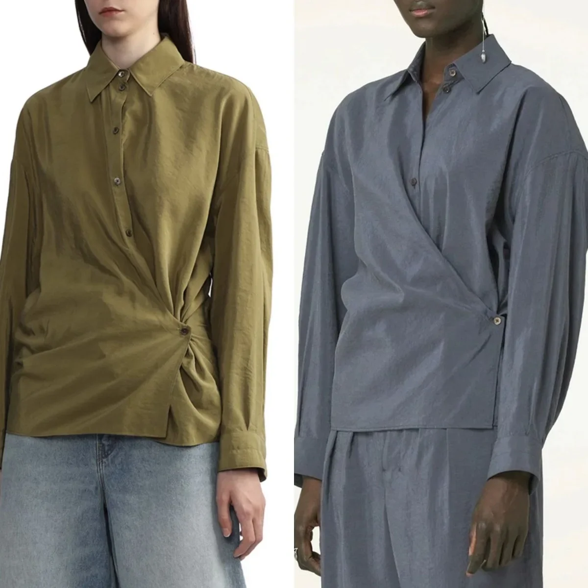

Women's Shirt 2024 New Spring Twisted Pleated Slanted Placket Turn-down Collar Solid Color Vintage Long Sleeve Blouse